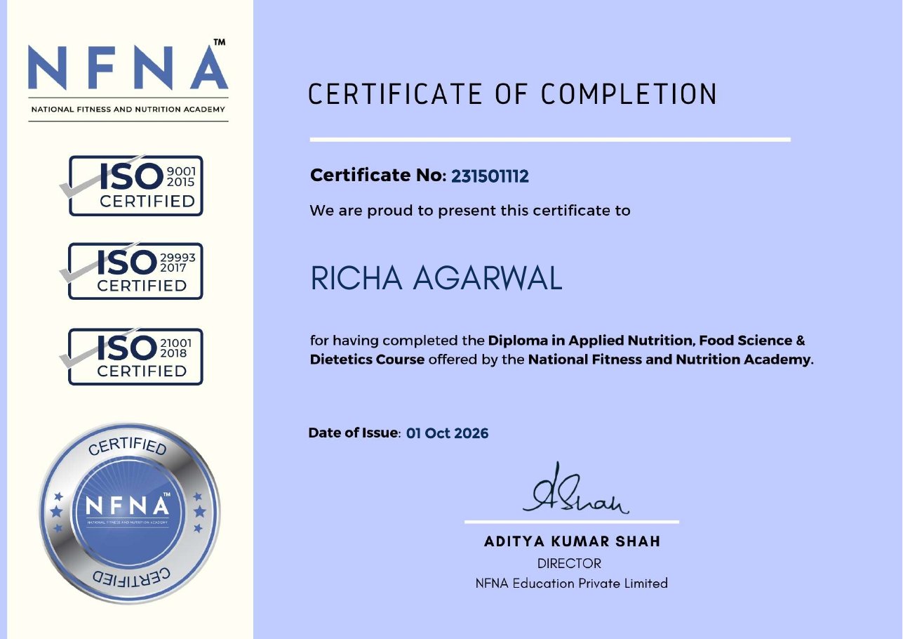 Diploma in Applied Nutrition, Food Science and Dietetics certificate issued to Richa Agarwal