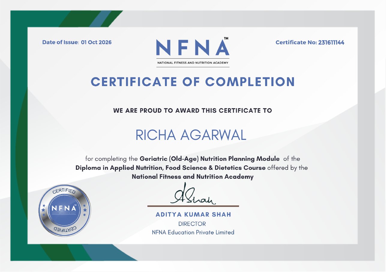Healthy ageing certificate issued to Richa Agarwal