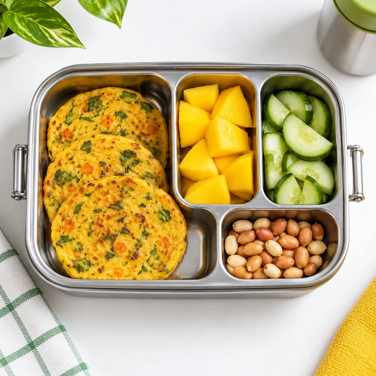 A colourful steel tiffin with homemade food and fruit