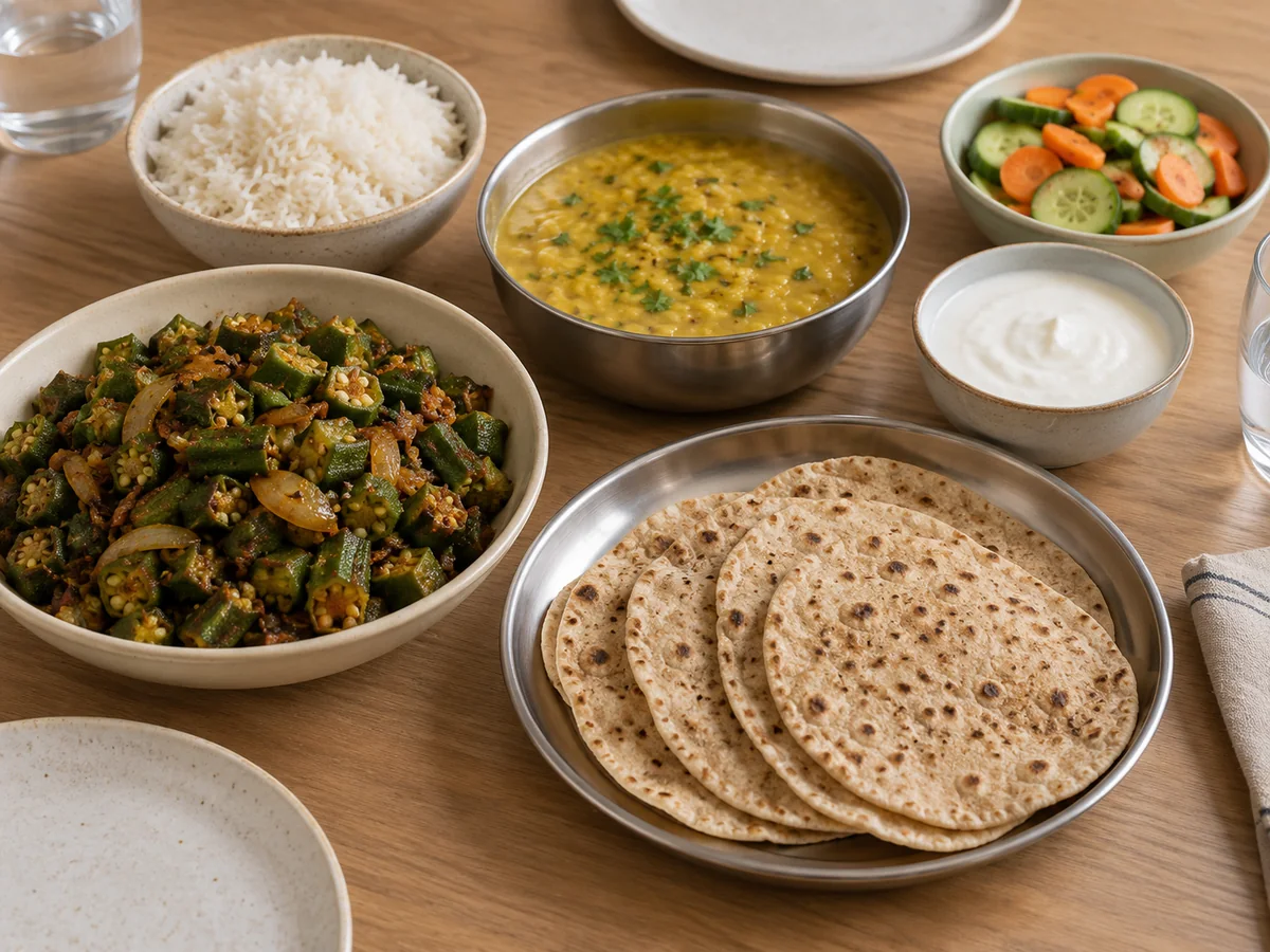A family table with a variety of Indian home-cooked dishes