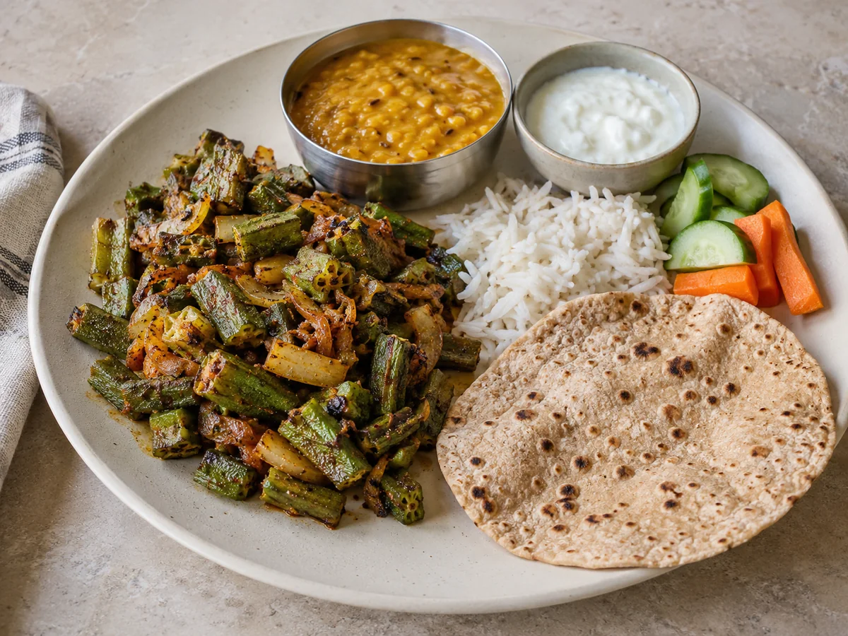 A balanced Indian thali with dal, vegetables and roti